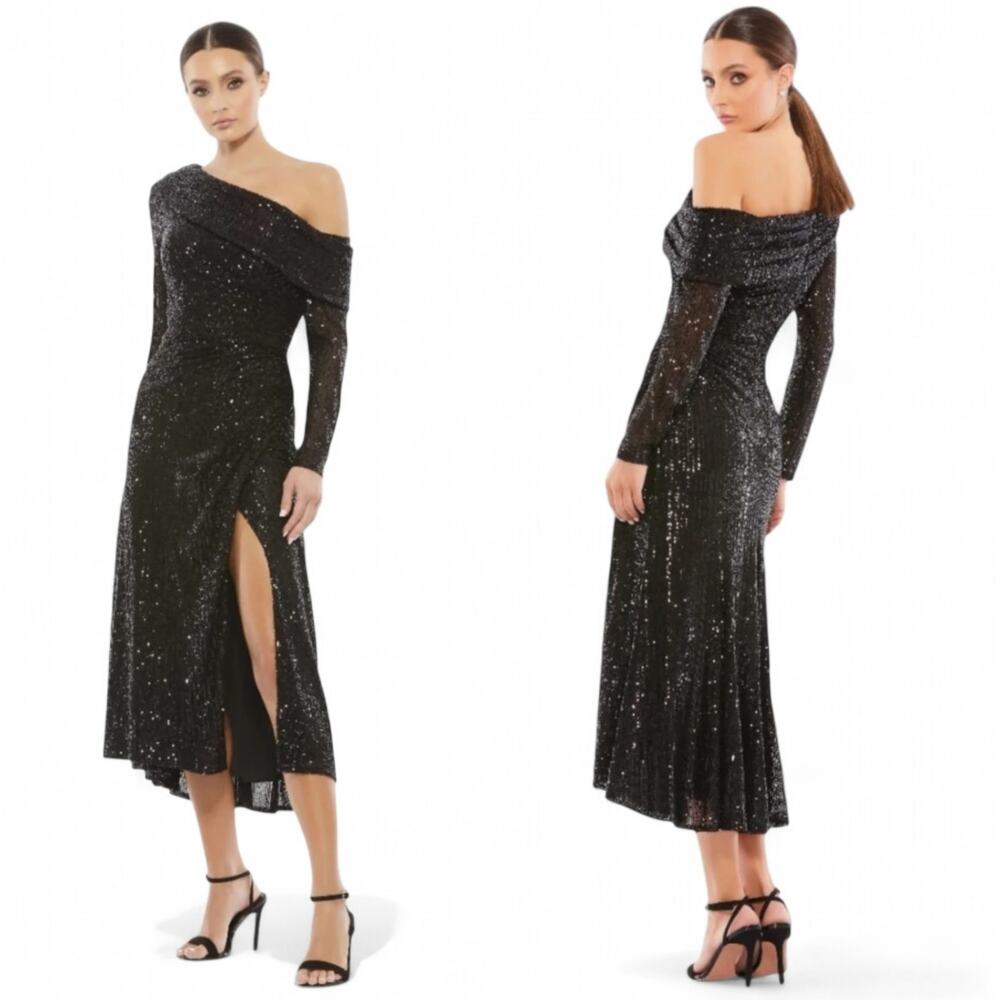 Mac Duggal 26551 Black One Shoulder Sequin Midi Cocktail Dress Slit sz 14